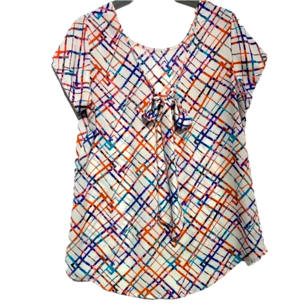 NY Collection Geo Plaid Bow Tie Scoop Back Blouse